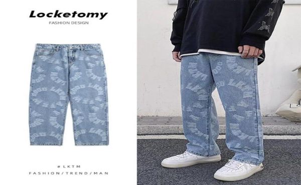 

men039s jeans mens jacquard wide leg denim pant characteristic letters pattern straight design male oversize hip hop neutral tr9958275, Blue