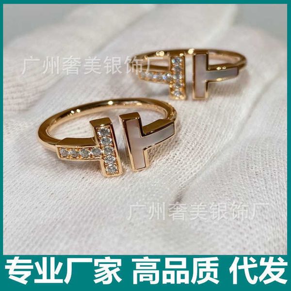 

high edition v gold 925 silver double t ring half diamond fritillaria high-quality cnc18k rose white inlaid with diamonds