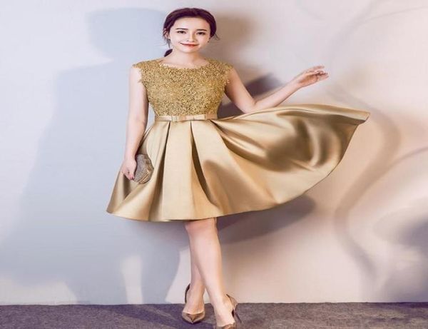 

2020 gold short homecoming dresses with bow crew neck lace graduation party gowns satin a line cocktail dress74133597298174, Blue;pink