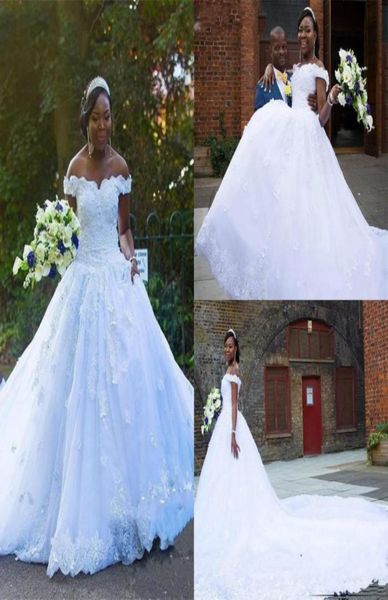 

2018 african a line wedding dresses off shoulder lace appliques beaded 3d floral country cathedral train black girl plus size brid8966325, White