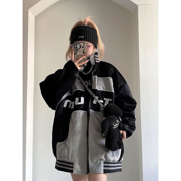 

womens jackets y2k punk black patchwork baseball jacket women bf japanese hip hop streetwear oversized winter outerwear harajuku casual coat, Black;brown