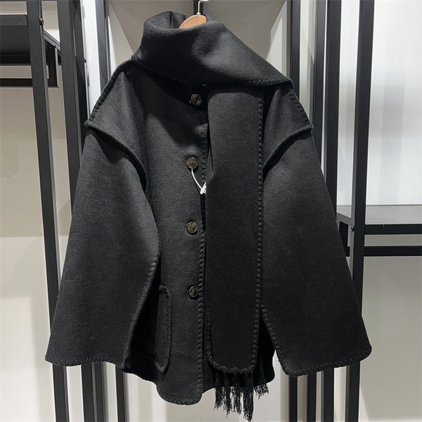 

women's jackets toteme fringed scarf collar knit hook edge loose wool, Black;brown