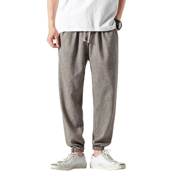 

mens pants breathable cotton linen pocket long four seasons solid color casual trousers male mid waist laceup harlequin trous 230810, Black