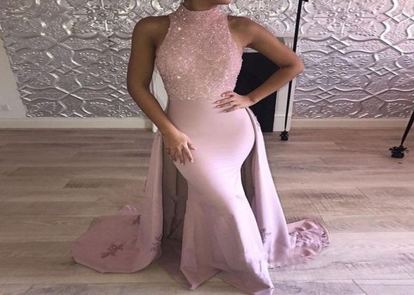 

high neck pink mermaid prom dresses sleeveless sequins satin over skirt long party dresses 2k18 black girls dresses4404211