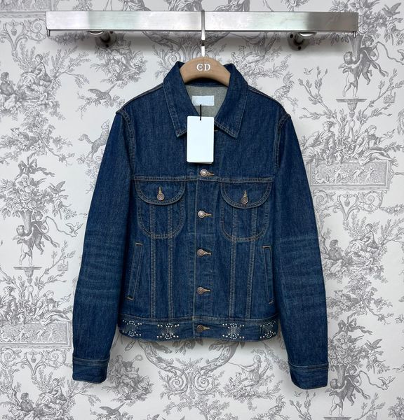 

european fashion brand rivet decorated long sleeved blue denim jacket, Black;brown