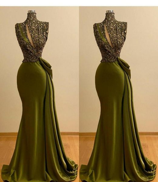 

2021 hunter green prom dresses high neck keyhole sequined lace sleeveless mermaid sequins sweep train plus size long party ev1744289, Black