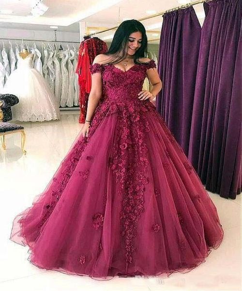 

offtheshoulder arabic long prom party gowns plus size burgundy lace flowers sequins prom dresses ball gown evening gowns1120821, Black