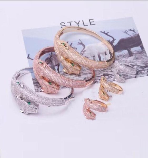 

luxury fashion brand jewelry lady brass full diamond green eyes double leopard heads 18k gold engagement open panthere bracelets r7898913, Silver