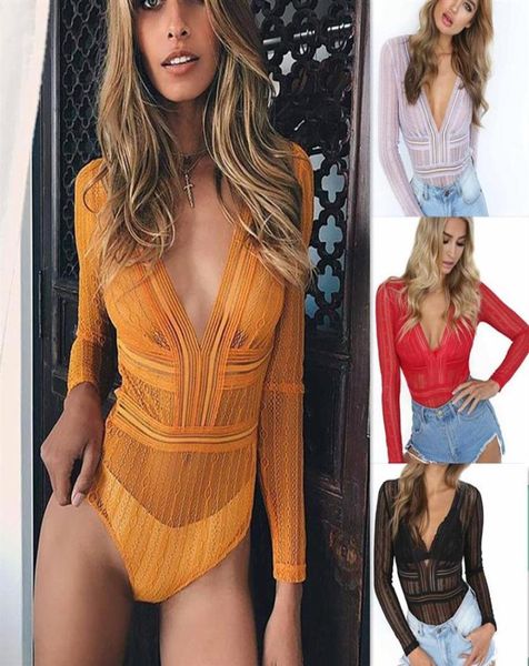 

lace jumpsuit chiffon long sleeve v necklace rompers women see through blouses fashion wear lingerie drop 220058264a4447131, Black;white