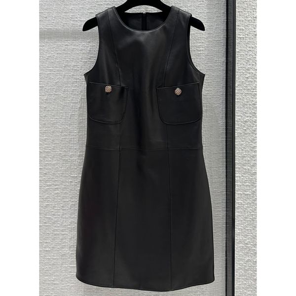 

8.10 fashion elegant crew neck sleeveless button pocket slim collect waist sheepskin genuine leather dress women, Black;gray