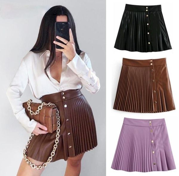 

skirts solid pu leather skirt high waist buttons mini pleated asymmetrical fashion summer women2579389, Black