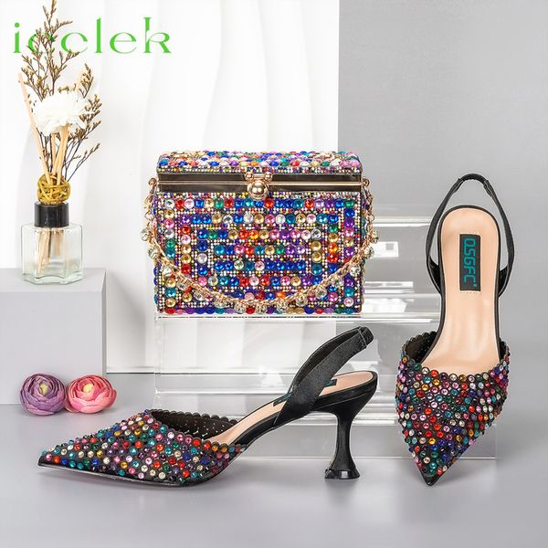

dress shoes selling rainbow color pointed toe sandal full of diamonds design matching bag set for women wedding party 230809, Black