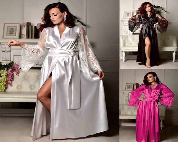 

silk robes for women lace satin long dressing night robes sleepwear lingerie female kimono belt night dress nightgown8499095, Black;red