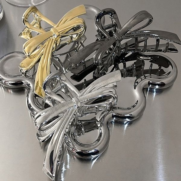 

new women large metal bowknot hair claw ladies barrettes hairgrip girls hair clips hairpins headwear ornaments hair accessories, Slivery;white
