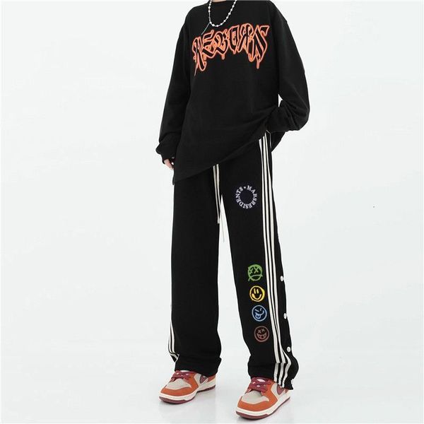 

mens pants summer slim american trousers loose drawstring fashion trend couple striped wide leg daks smiling face joggers men track pants 23, Black