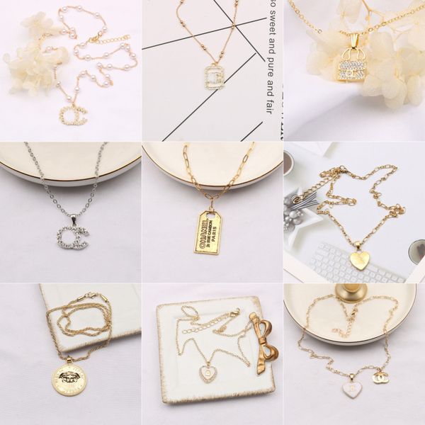 

women luxury brand designer letter pendant necklaces link chain18k gold plated crystal pearl rhinestone sweater necklace wedding party jewer, Silver