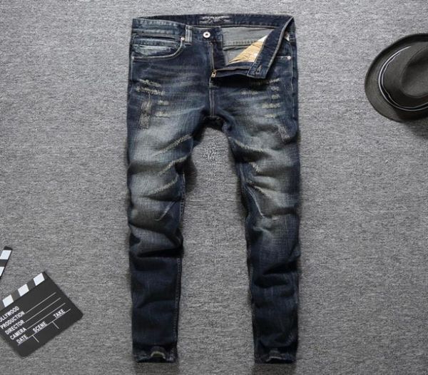 

italian fashion designer men jeans classical brand jeans men slim fit dark color ripped homme biker4276758, Blue