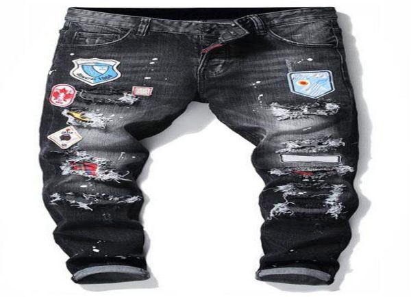 

mens badge rips stretch black jeans fashion designer slim fit washed motocycle denim pants panelled hip hop trousers3663631, Blue