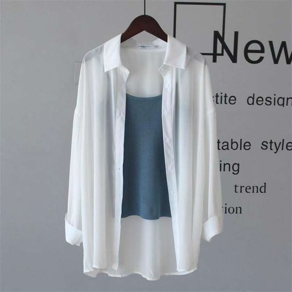 

non wrinkling smooth chiffon shirt for women summer sunblock cool long sleeved thin sun blocking outer layer, White
