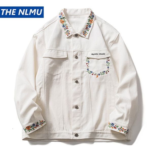

mens jackets vintage white denim jacket men hip hop streetwear flower embroidery jean cotton autumn harajuku varsity college coat 230809, Black;brown