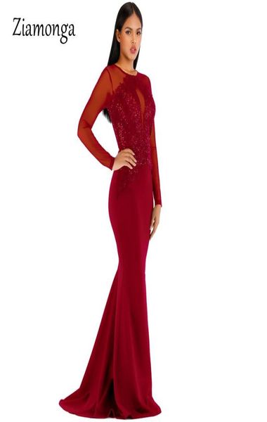 

casual dresses ziamonga red black sequins evening mermaid long dress women elegant tight sheer mesh sleeve lady club party ma7868850, Black;gray
