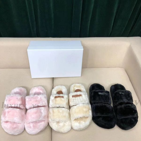 

designer wool slippers fur slides triomphe slipper men women warm sandals classic warm flats winter fluffy furry scuffs indoor slipper, Black