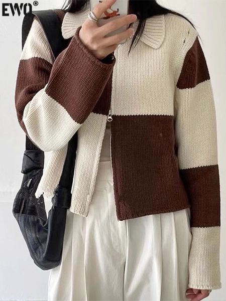 

women's knits tees ewq plaid contrast vintage cardigan coat long sleeve double zipup sweater jacket 2023 autumn female knit coats u2524, White