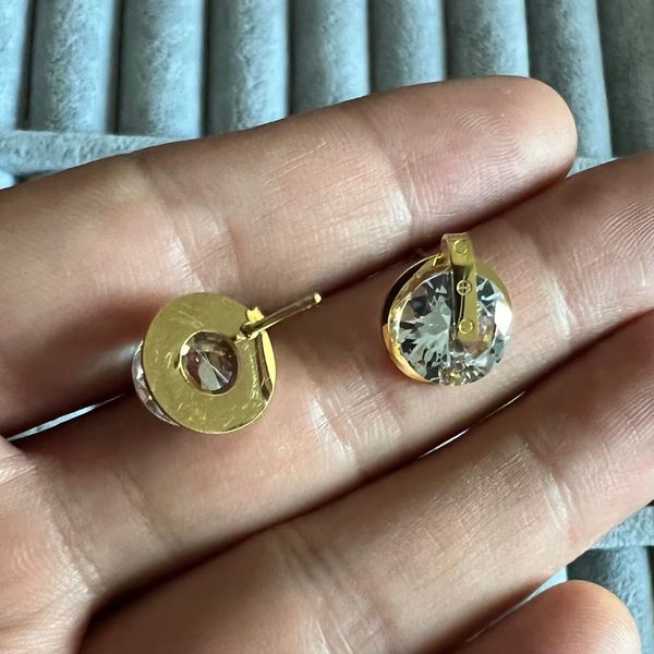 

high luxury girls boy original branded big diamond love solid stud 316l stainless steel 18k gold men women letter ca screw logo earrings wed, Golden;silver