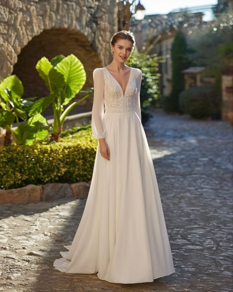 

wedding dress 2023 new luxury full sleeve v-neck bride dress with train chiffon elegant beach classic wedding gowns, White