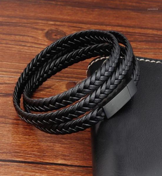 

charm bracelets genuine leather brown braid woven rope chain stainless steel magnetic buckle bangle for men jewelry vintage trendy7030961, Golden;silver