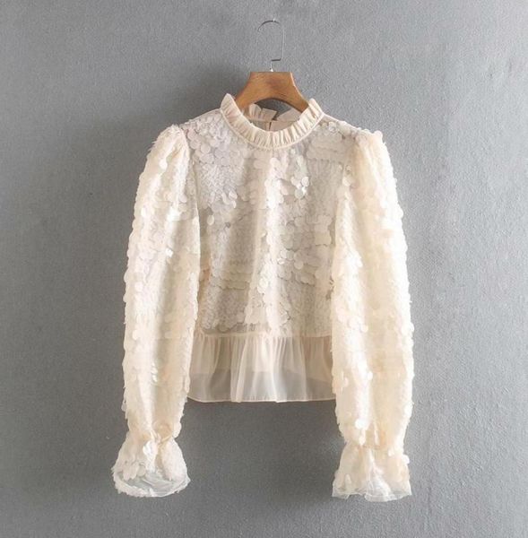 

women fashion puff sleeve sequins appliques stitching blouses shirts women stand collar pleated ruffles blusas chic ls61189882934, White