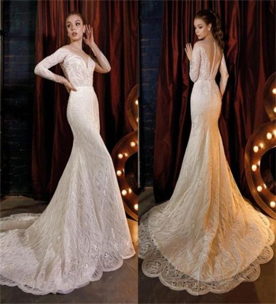

2020 illusion mermaid wedding dresses sweetheart long sleeves appliqued beaded sequins bridal gown court train custom made vestido7210421, White