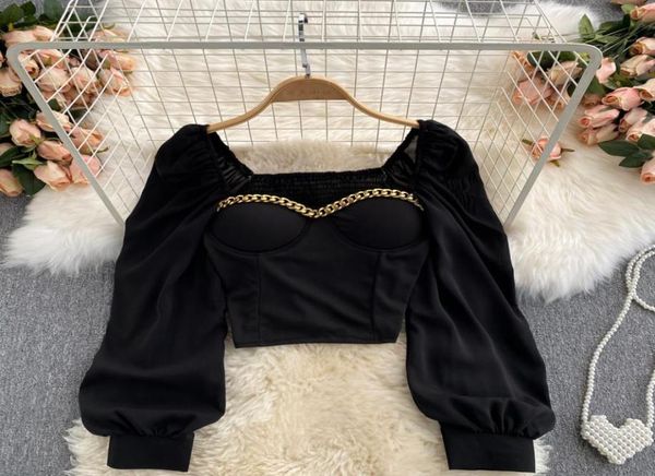 

autumn women sweaters blackwhite blouse square collar lantern long sleeve short female elegant party shirt female blusa6169792, White;black