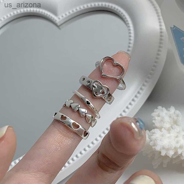 

fashion hollow heart ring set 5pcs elegant vintage adjustable women finger cute love jewelry wedding party gift for girl l230620, Silver