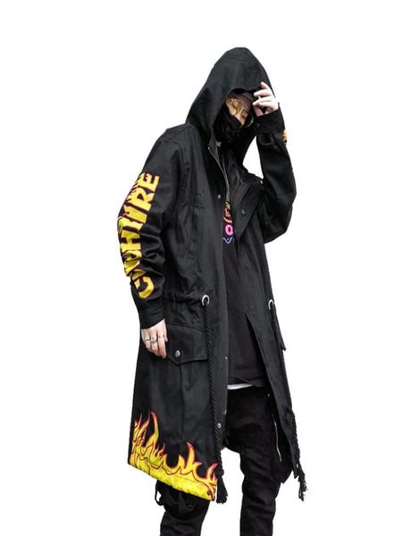 

flash fire men streetwear hip hop long l harujuku hood trench overcoat flame printing windbreaker jacket male coat punk rave1963578, Tan;black