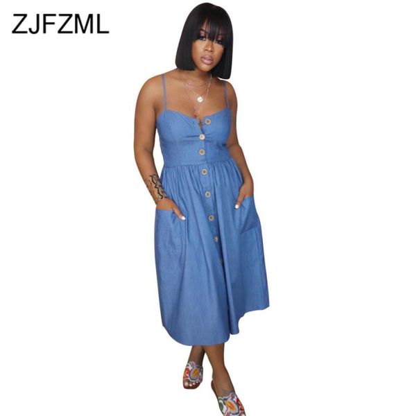 

spaghetti strap retro denim sundress women off shoulder backless fit and falre dress casual button up pocket mid calf vestidos4606502, Black;gray