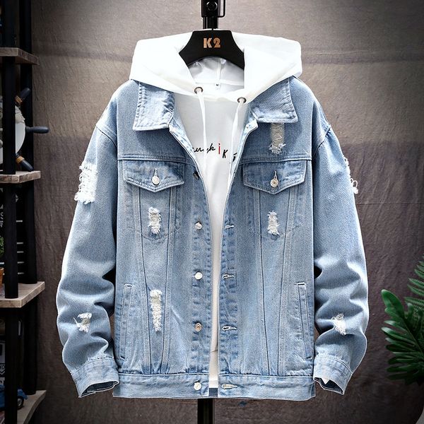

mens jackets summer autumn men denim casual solid lapel single breasted jeans jacket regular ripped hole cotton outwear 230810, Black;brown