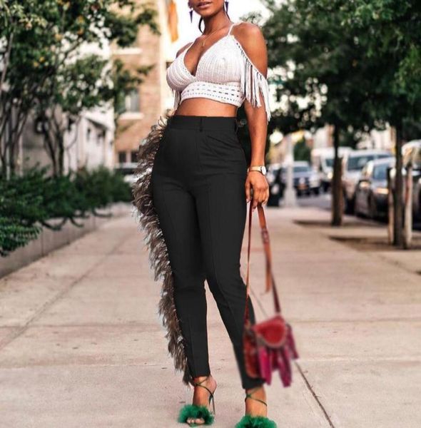 

side fringe pants women skinny trousers high waist stretch bodycon tassel pants9343605, Black;white