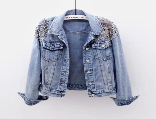 

2020 autumn female denim jacket beaded short coats punk style embroidery long sleeve slim outwear streetwear women jean coats345864681030, Black;brown