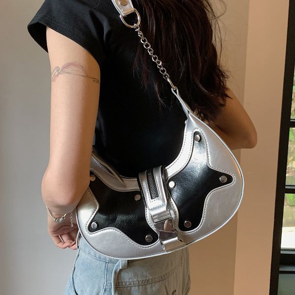 

Sales factory womens shoulder bags 2 color niche design color matching leather chain bag street trend sewing women backpack personalized rivet handbag 2183#, Silver