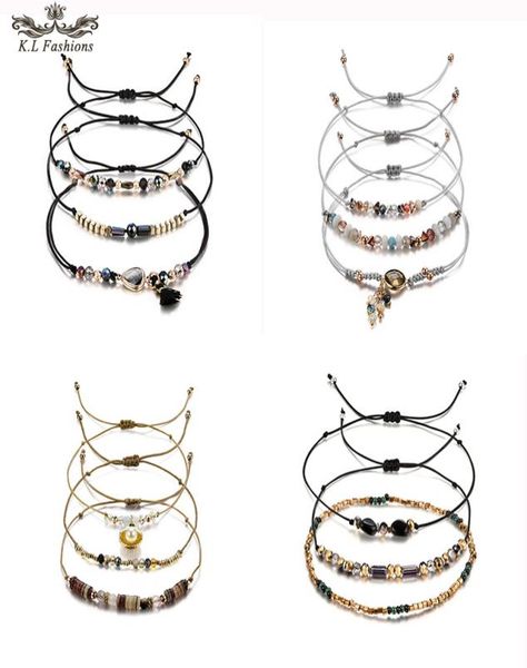 

3pcslot bead bracelet for women multicolor crystal series tandem leaf heart round geometric pendant woven wax rope bracelet diy j1508545, Black