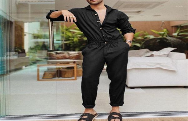 

men039s pants men jumpsuit playsuit solid color buttons male casual cargo style overalls turn down collar long sleeve slim fit 5538118, Black