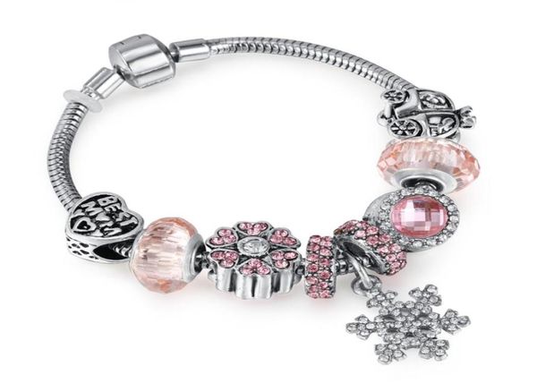 

fashion jewelry european women diy charm bracelet trendy crystal beads snowflake pendant silver plated copper bangle bracelets for6130028, Black