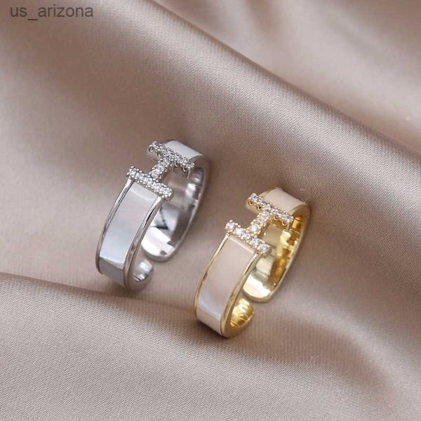 

korea new fashion jewelry simple letter h shell zircon 14k gold plated ring elegant women daily work open ring accessories l230620, Silver