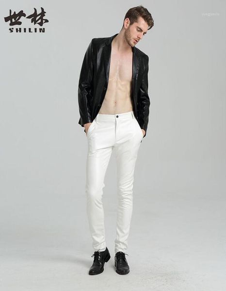 

men039s pants thin splice fashion personality motorcycle faux leather mens feet pu trousers for men pantalon homme red white bl6121144, Black