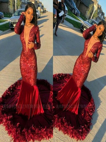 

2022 burgundy red mermaid feather prom dresses deep vneck long sleeve sequined velet long evening gowns african girls party 5180922, Black;red