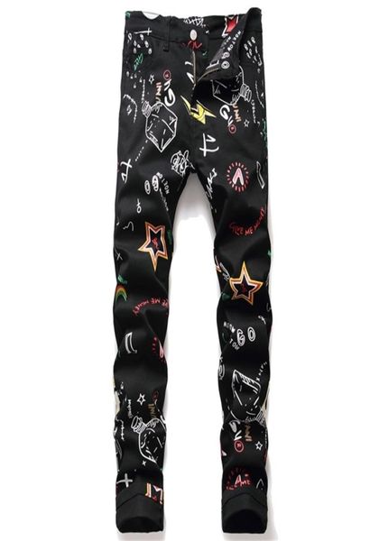 

streetwear creative hand paint jeans men black stretch slim fit printed casual denim jeans pants hip hop dance jeans big size x0621765991, Blue