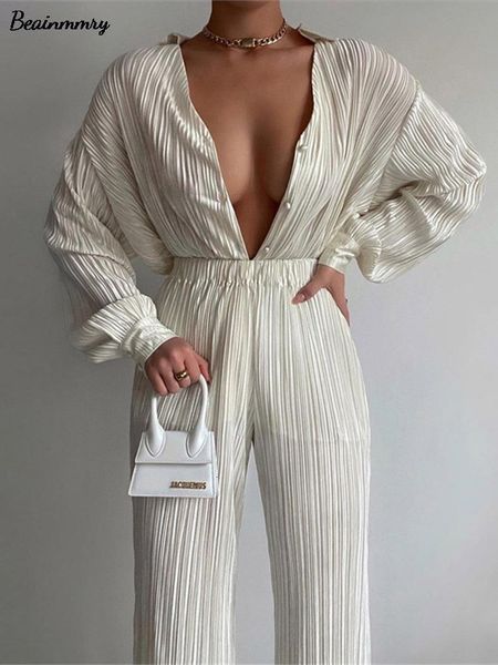 

women's tracksuits ladies shirt suits pleated notched single-breasted female cardigan two-piece loose shirts and high-waist wide-leg pa, Gray