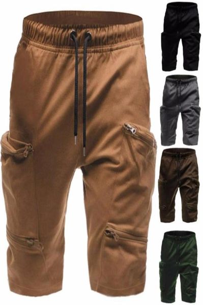 

summer men multi pocket zipper cargo shorts breeches male long army green khaki mens shorts m3xl89979163150514, White;black