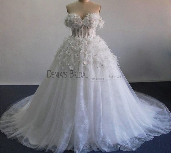 

2017 ball gown wedding dresses with off shoulder ostrich feathers beaded 3d handmand flowers sheer boned bodice tulle bridal gowns6764307, White